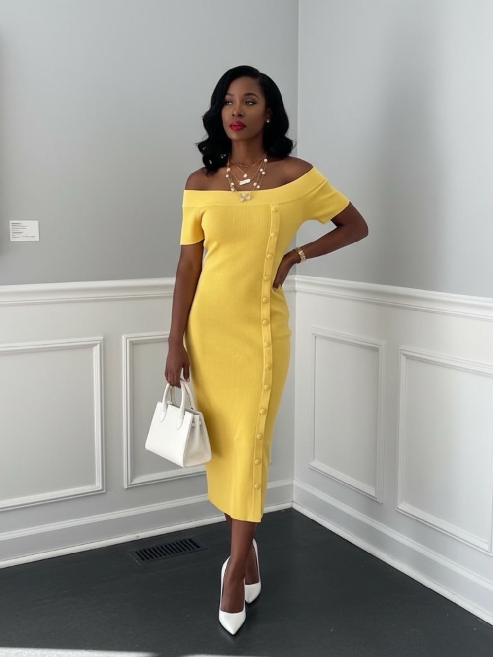 eva mendes for New York & Company Yellow Off-Shoulder Midi Dress